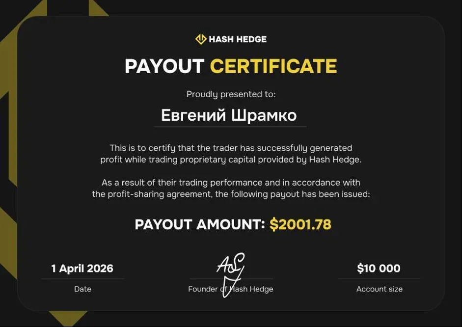 Сертификат выплаты $2 000 Евгения от Hash Hedge