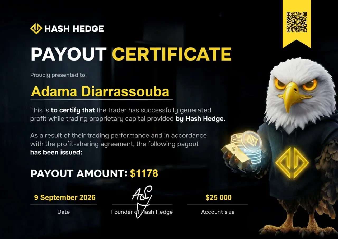 Hash Hedge payout certificate for $1,178 on a $25,000 account